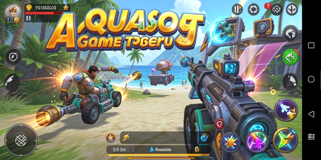 Tampilan aksi seru gameplay AQUASLOT dalam mode TPS.