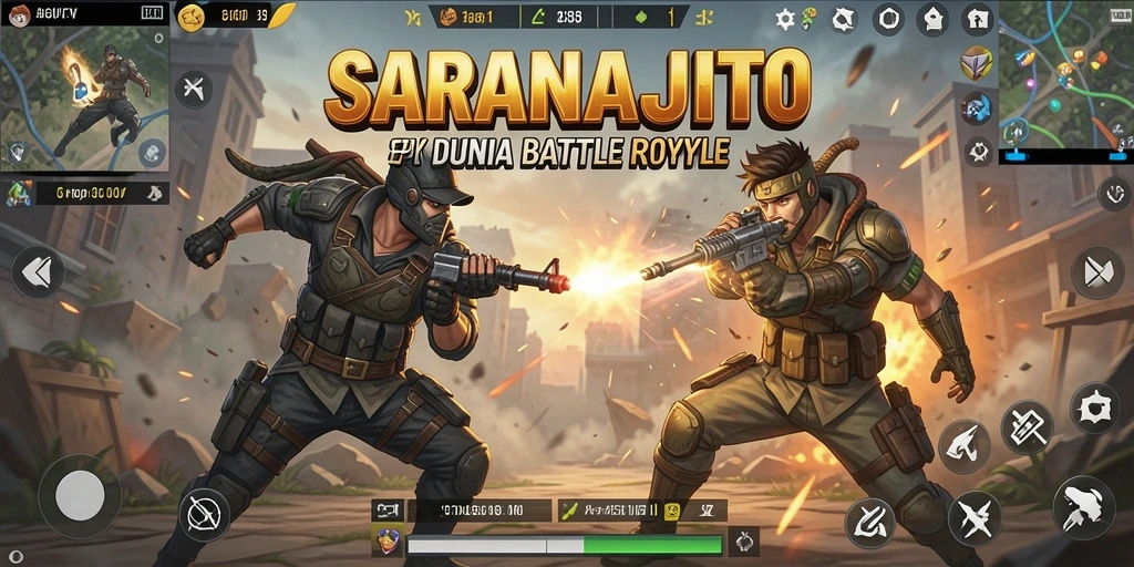 Screenshot dari gameplay <strong>SARANAJITU</strong> yang menampilkan aksi seru di arena Battle Royale.