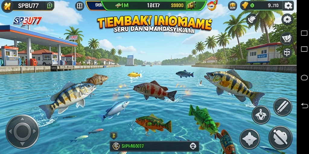 Gameplay seru SPBU77 dengan ikan berwarna-warni.